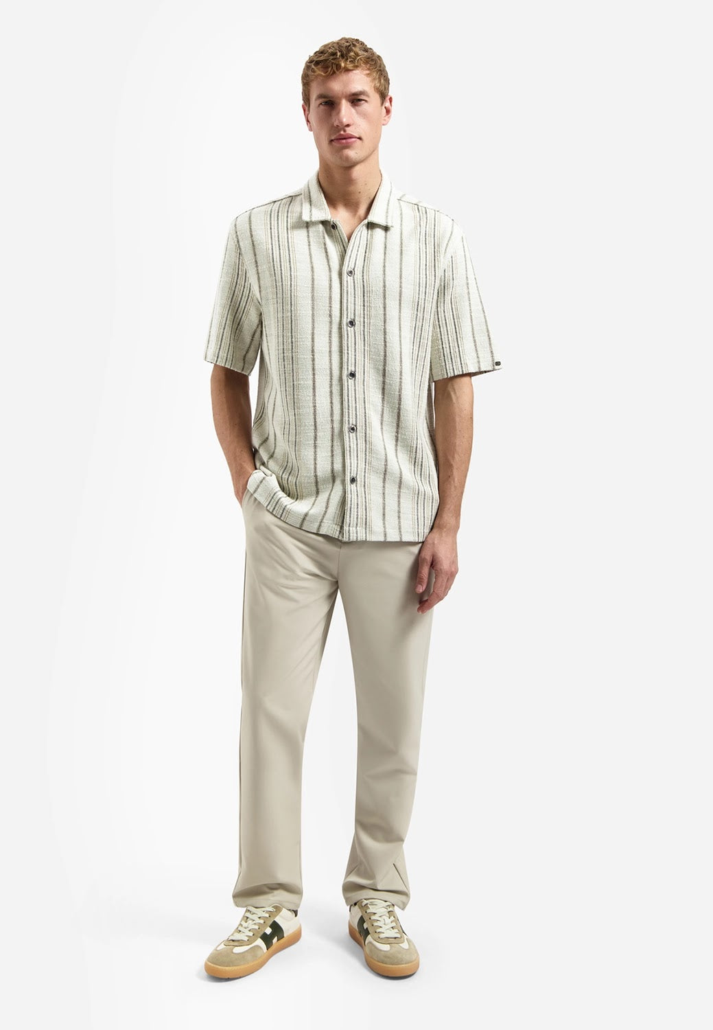 No Excess Soft Cotton Textured Stripe Short Sleeve Shirt in Desert