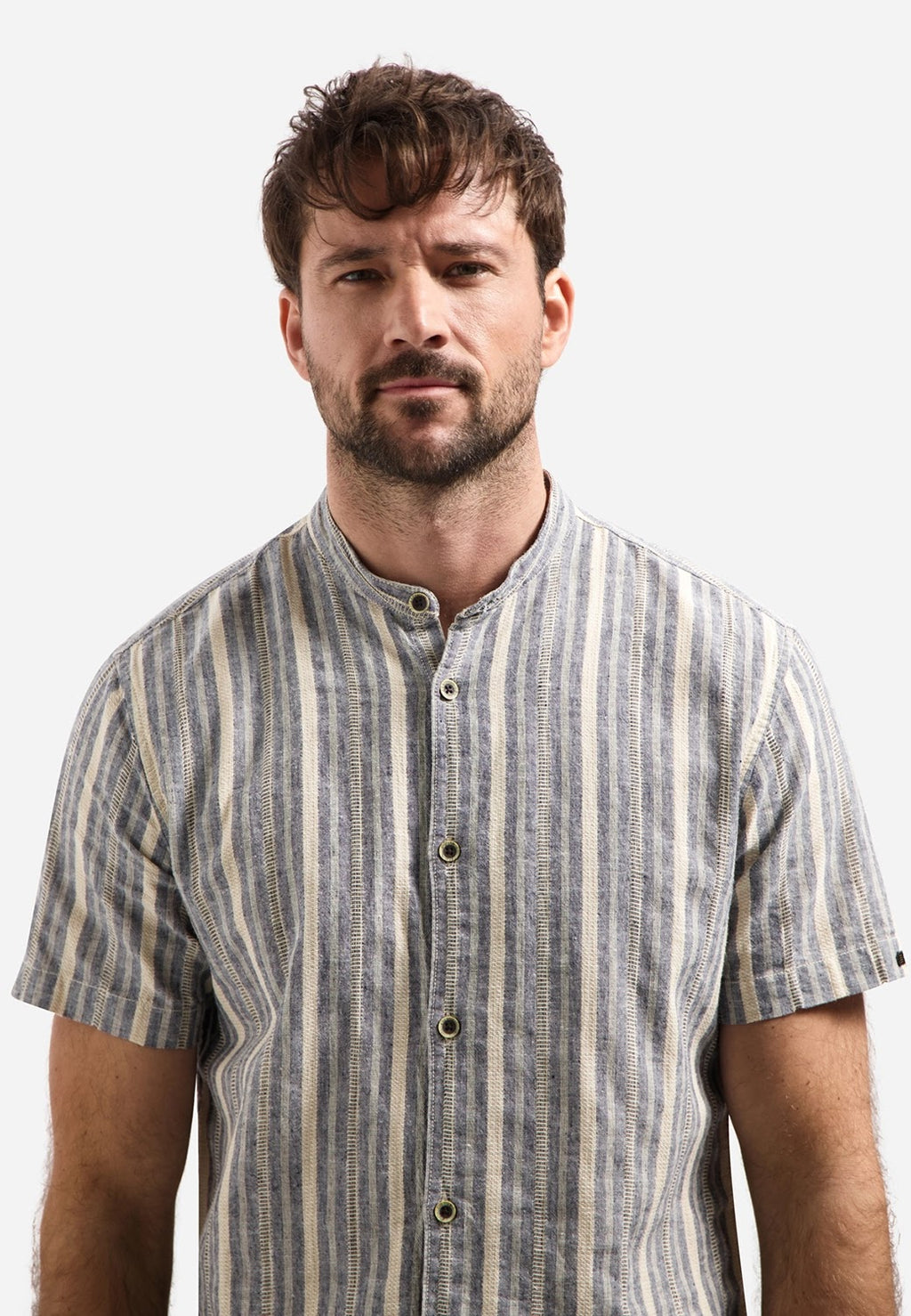 No Excess Cotton Linen Stripe Grandad Collar Short Sleeve Shirt in Blue