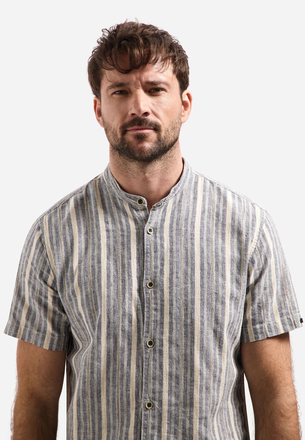 No Excess Cotton Linen Stripe Grandad Collar Short Sleeve Shirt in Blue