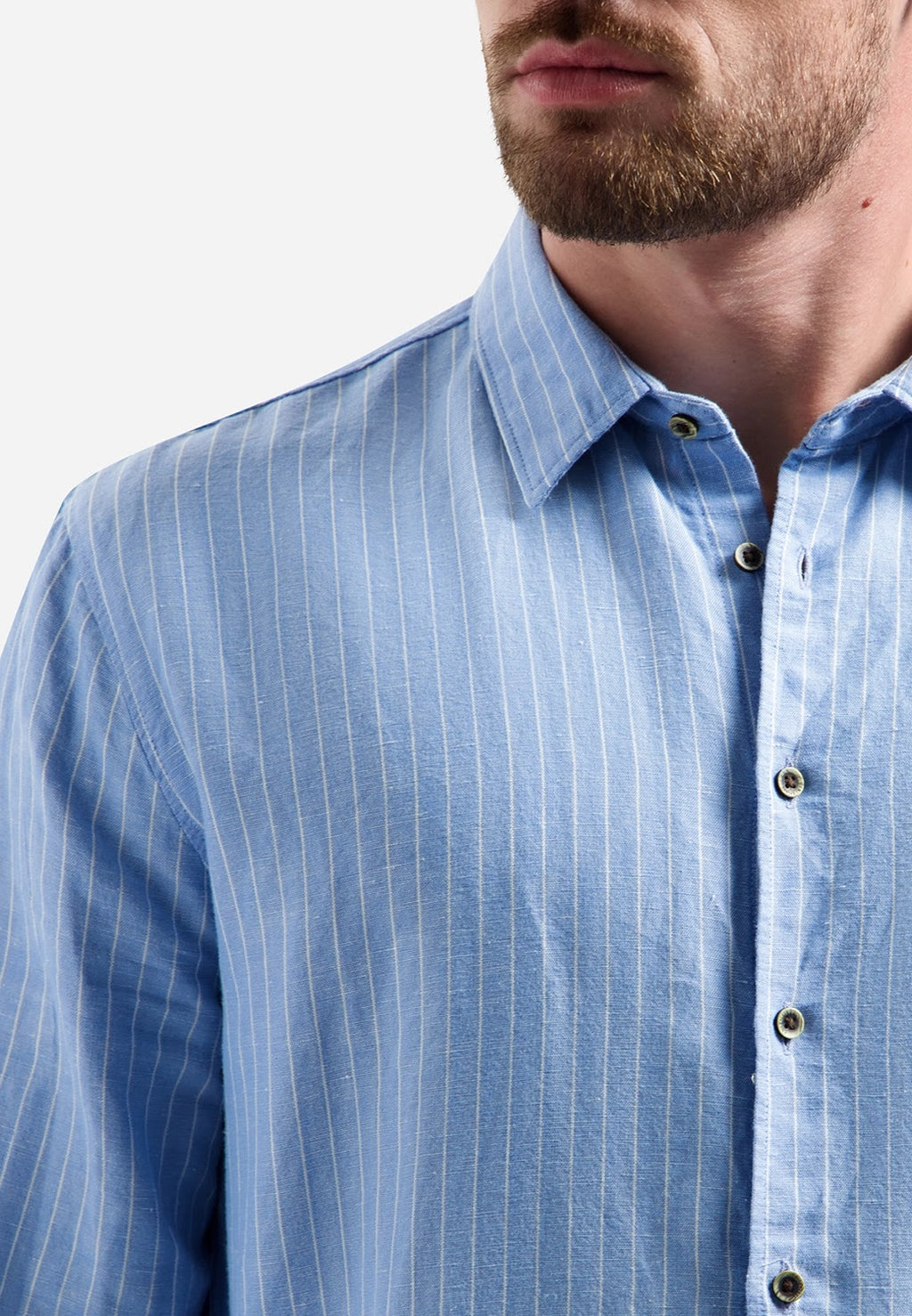 No Excess Linen Fine Stripe Long Sleeve Shirt in Blue