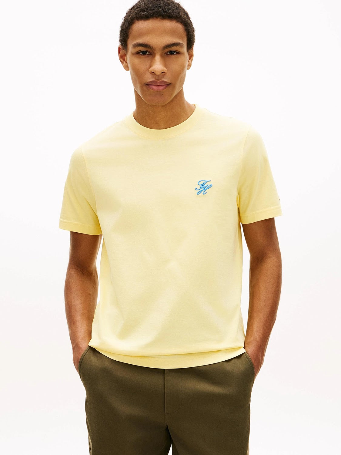 Tommy Hilfiger Script Logo Mercerised Cotton Jersey Tee in Citronella