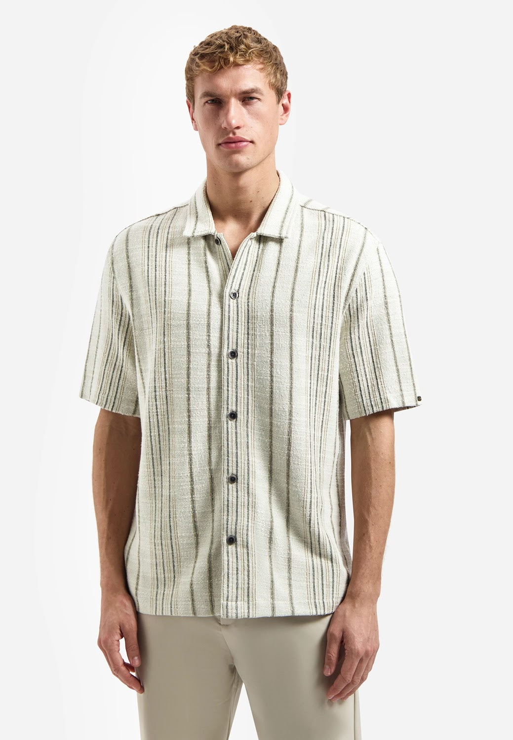No Excess Soft Cotton Textured Stripe Short Sleeve Shirt in Desert