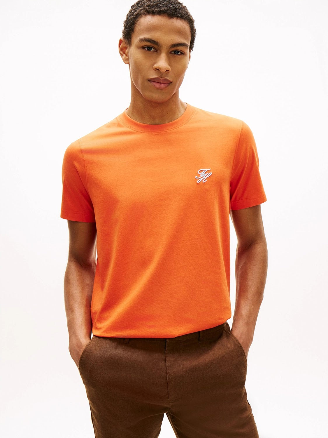 Tommy Hilfiger Script Logo Mercerised Cotton Jersey Tee in Brilliant Orange