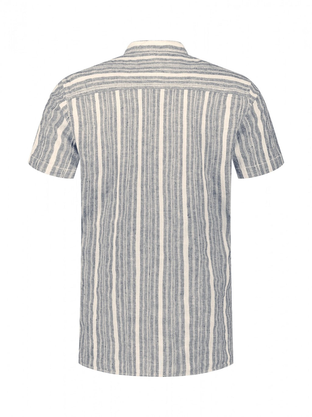 No Excess Cotton Linen Stripe Grandad Collar Short Sleeve Shirt in Blue