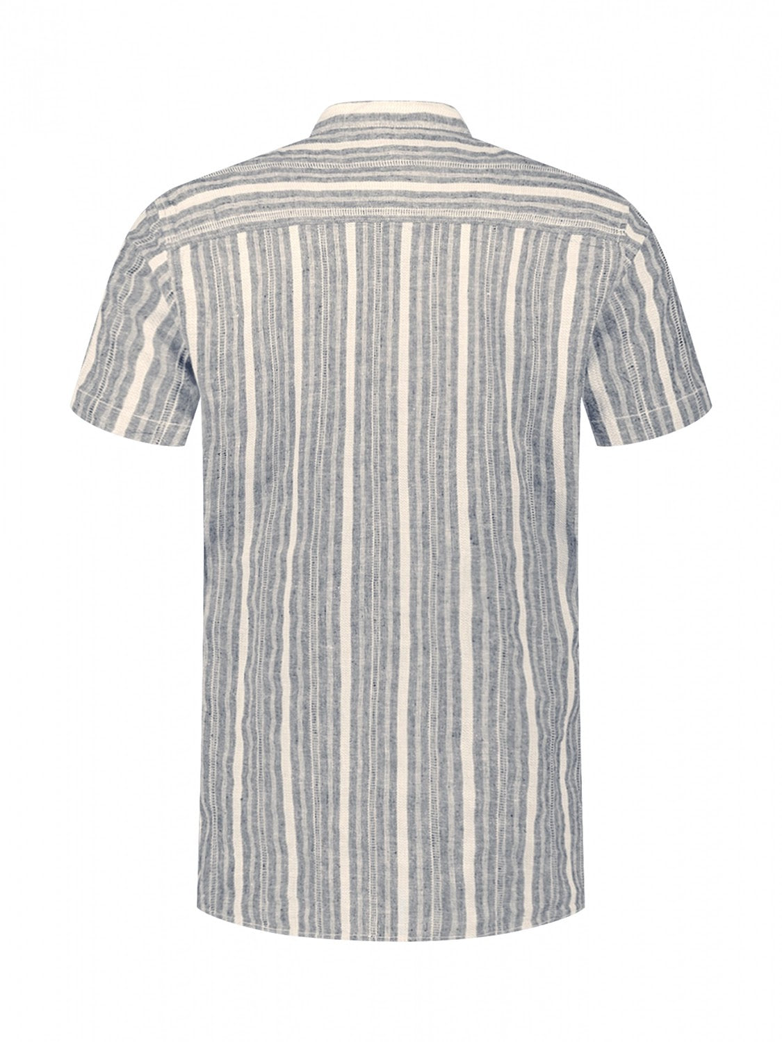 No Excess Cotton Linen Stripe Grandad Collar Short Sleeve Shirt in Blue
