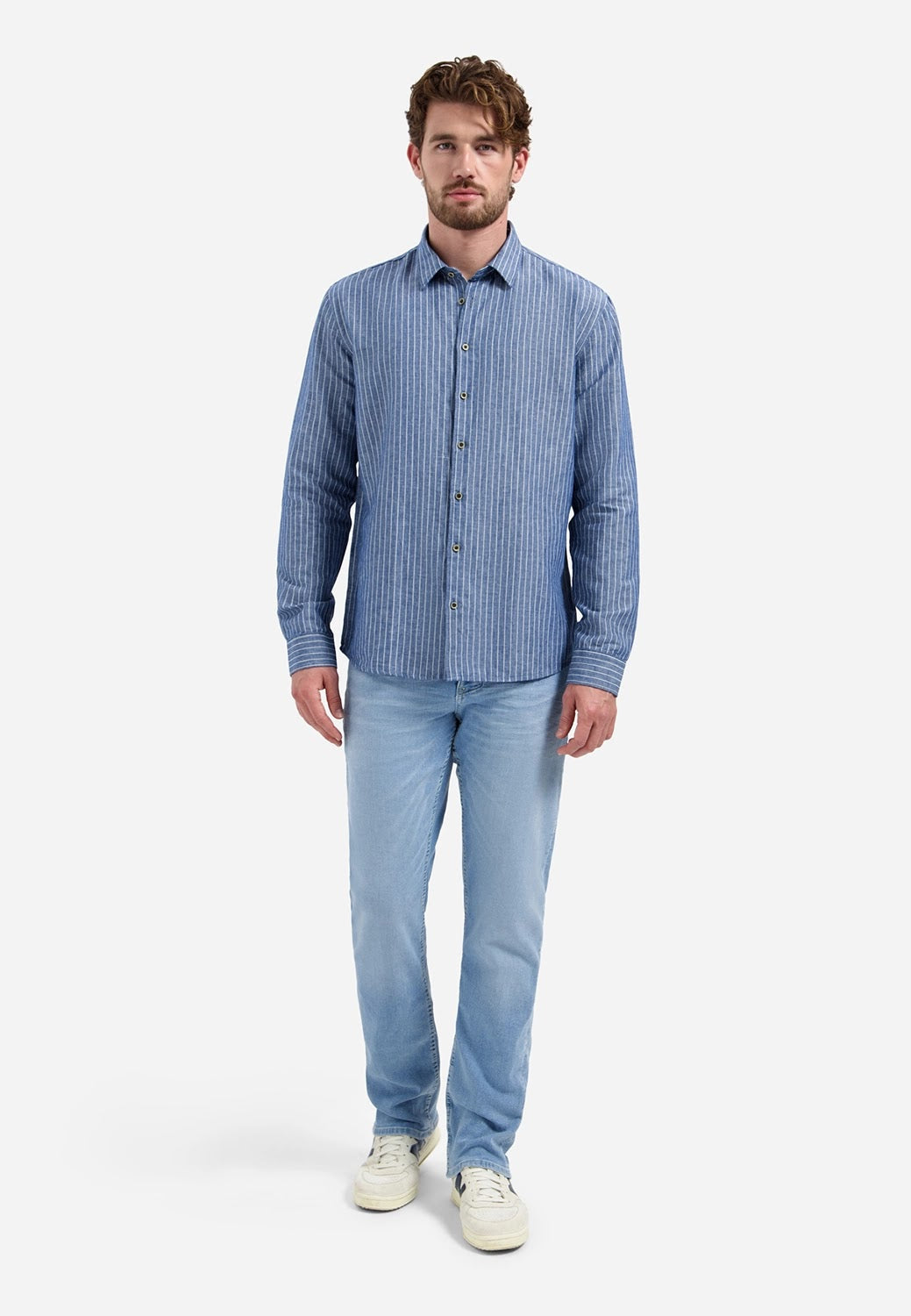 No Excess Linen Fine Stripe Long Sleeve Shirt in Indigo Blue