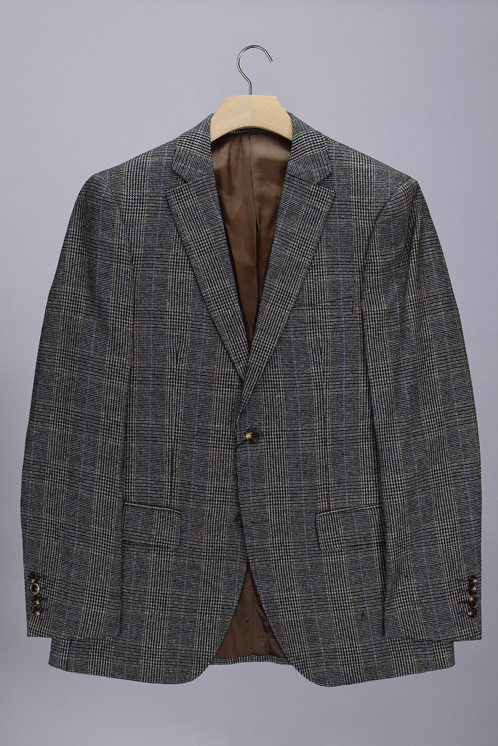 Hartford's Menswear Cutler & Co Johnson Check Blazer CW40572, close-up of grey check pattern fabric and button details.