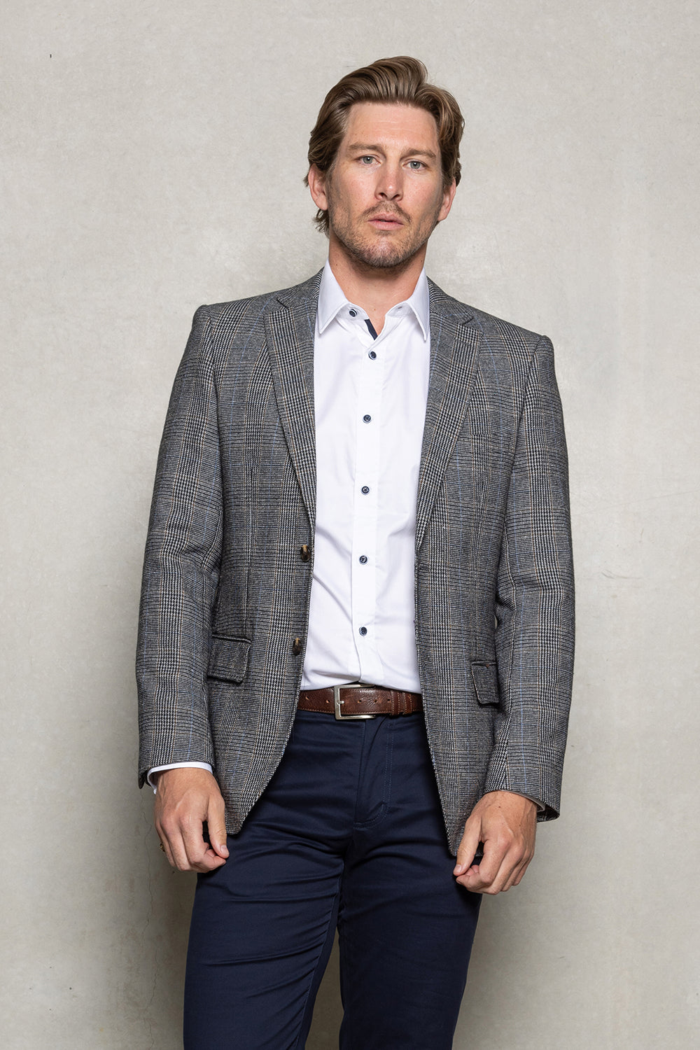 Hartford's Menswear Cutler & Co Johnson Check Blazer CW40572, men's grey check blazer paired with a white dress shirt and navy trousers."