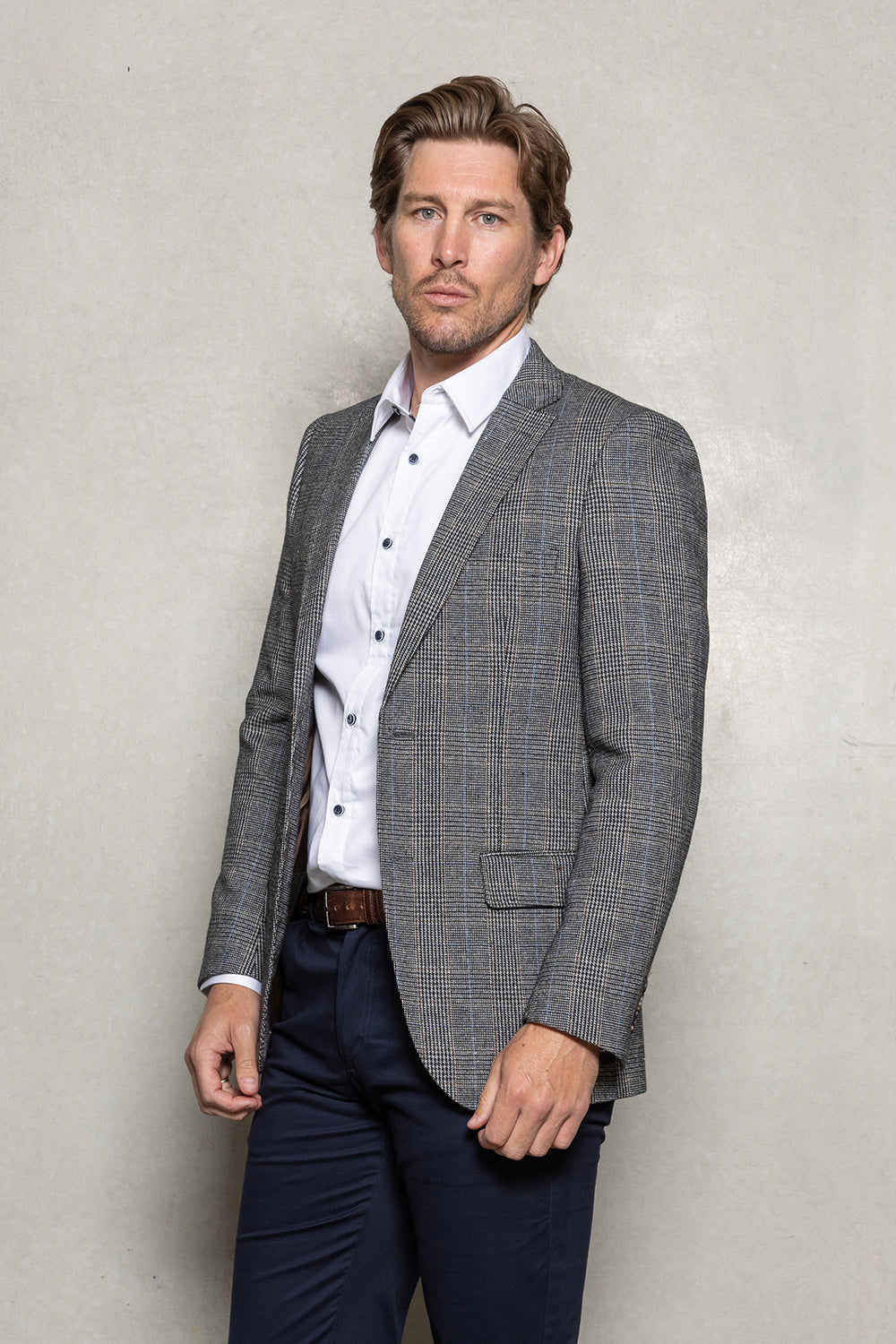 Hartford's Menswear Cutler & Co Johnson Check Blazer CW40572, side view highlighting tailored fit and detailed stitching.