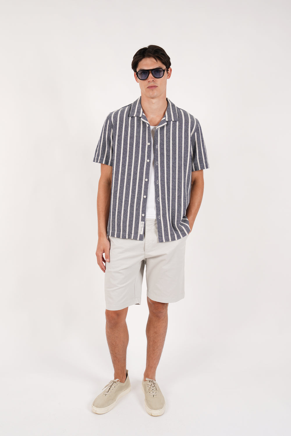 James Harper Textured Stripe Cuban Collar Short Sleeve Shirt JHS702 in navy, styled look
