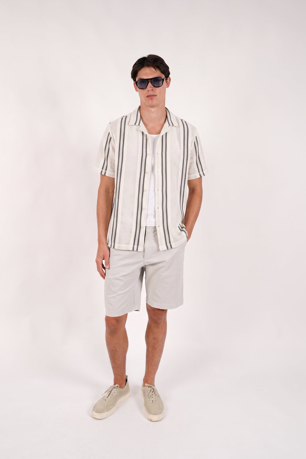 James Harper Crochet Stripe Cuban Collar Short Sleeve Shirt JHS706 in white, styled look