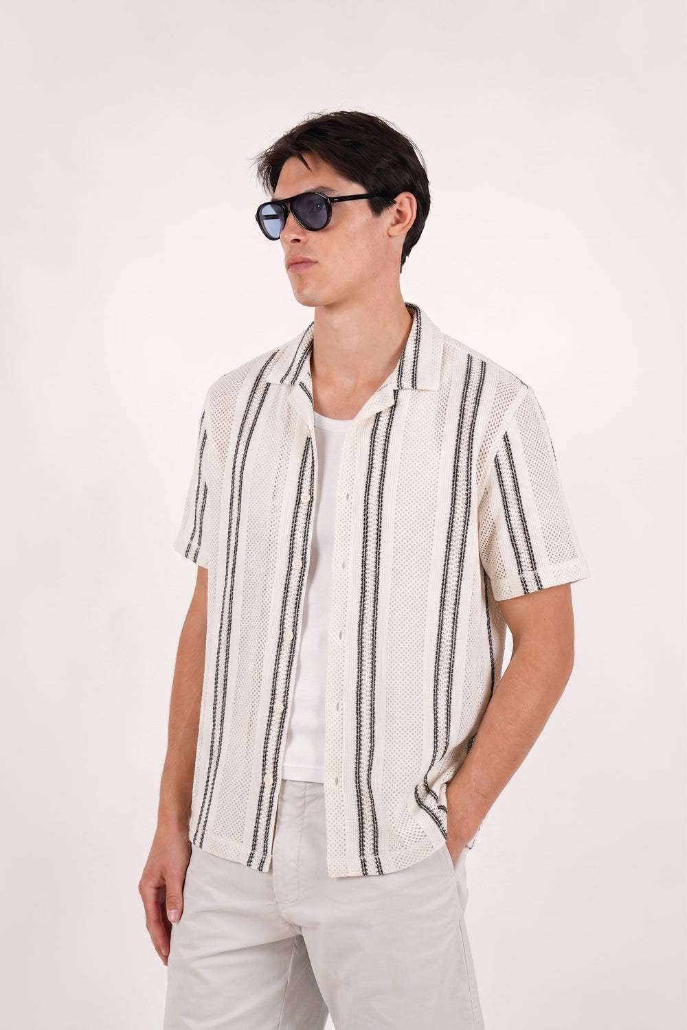 James Harper Crochet Stripe Cuban Collar Short Sleeve Shirt JHS706 in white at Hartfords Menswear