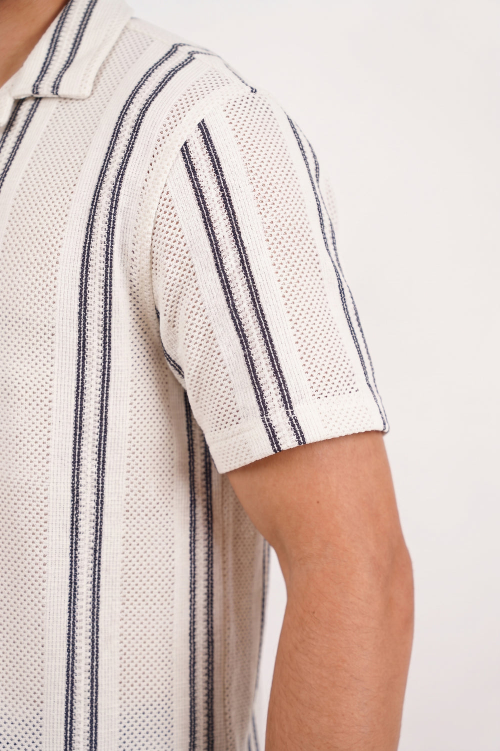 James Harper Crochet Stripe Cuban Collar Short Sleeve Shirt JHS706 in white