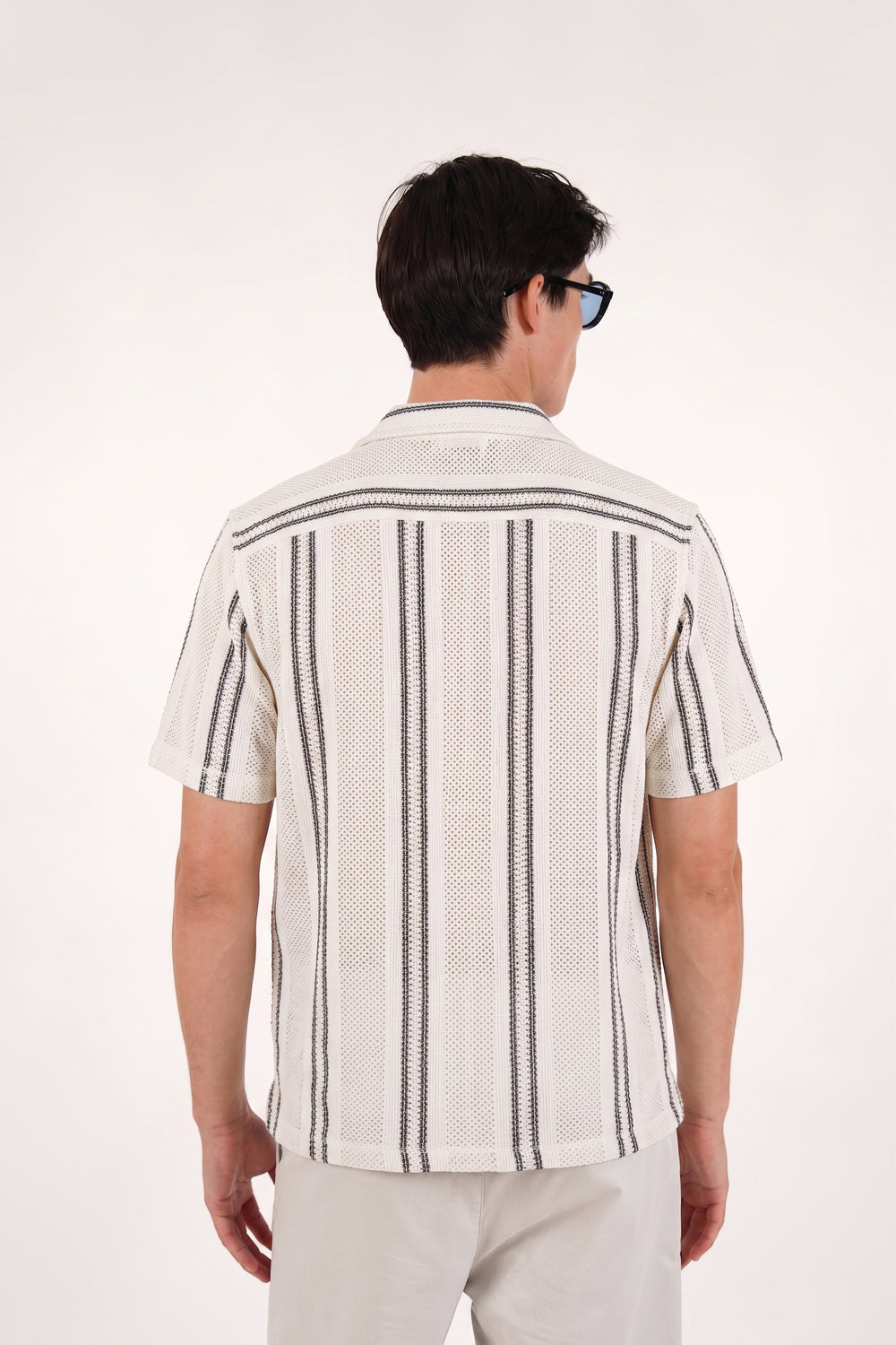 James Harper Crochet Stripe Cuban Collar Short Sleeve Shirt JHS706 in white, styled detail