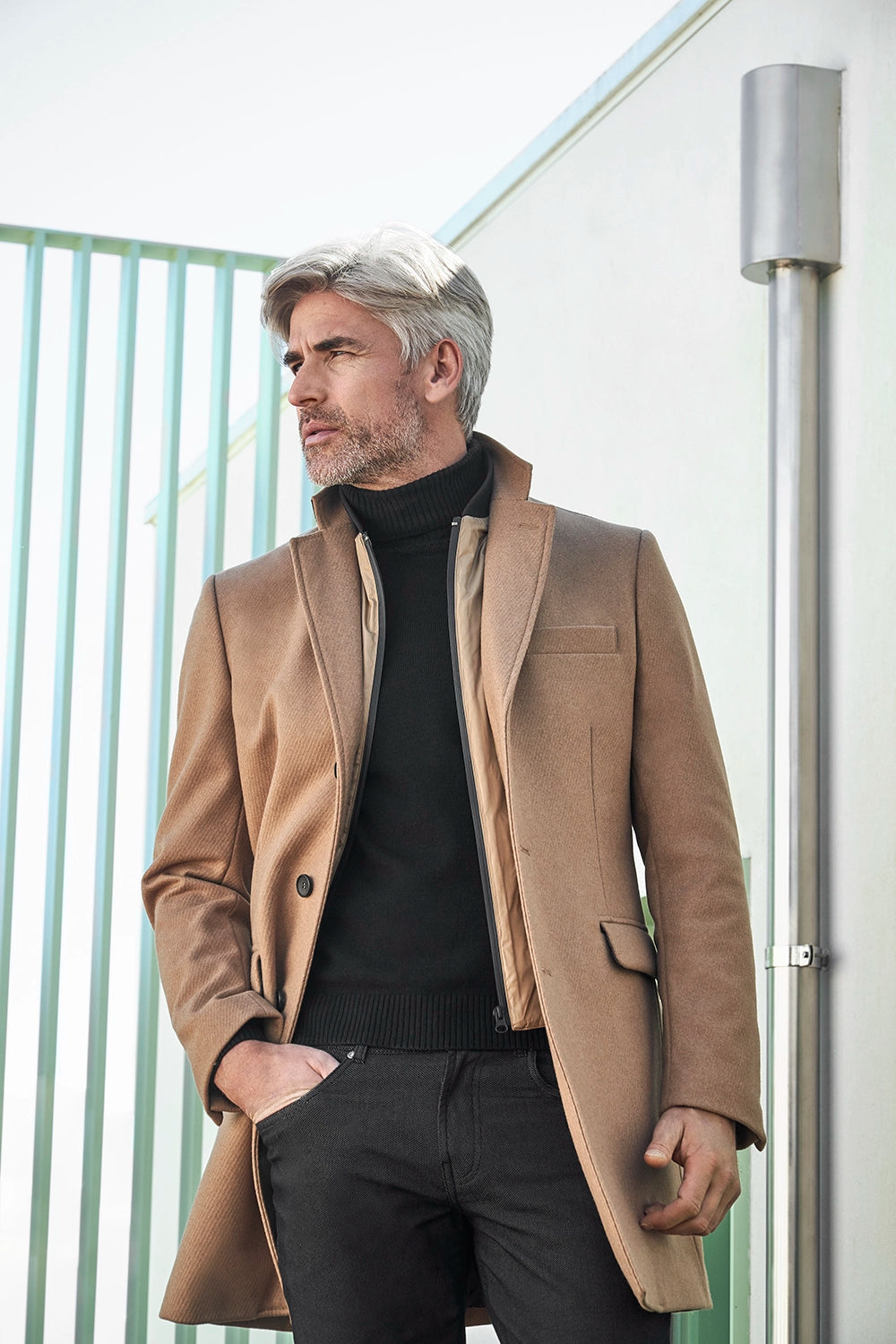 FLORENTINO WOOL BLEND QUILTED ZIP NECK OVERCOAT 224964-420311