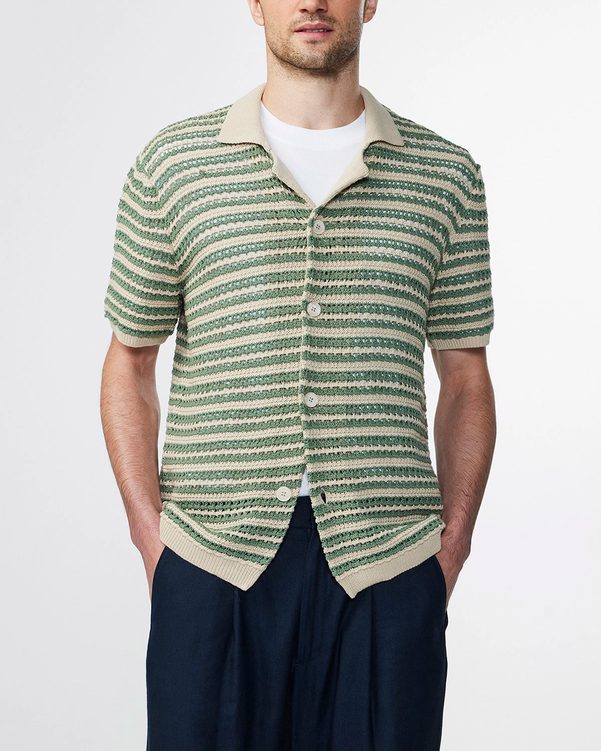 NN07 HENRY CAMP COLLAR STRIPED CROCHETED S/S SHIRT 6636