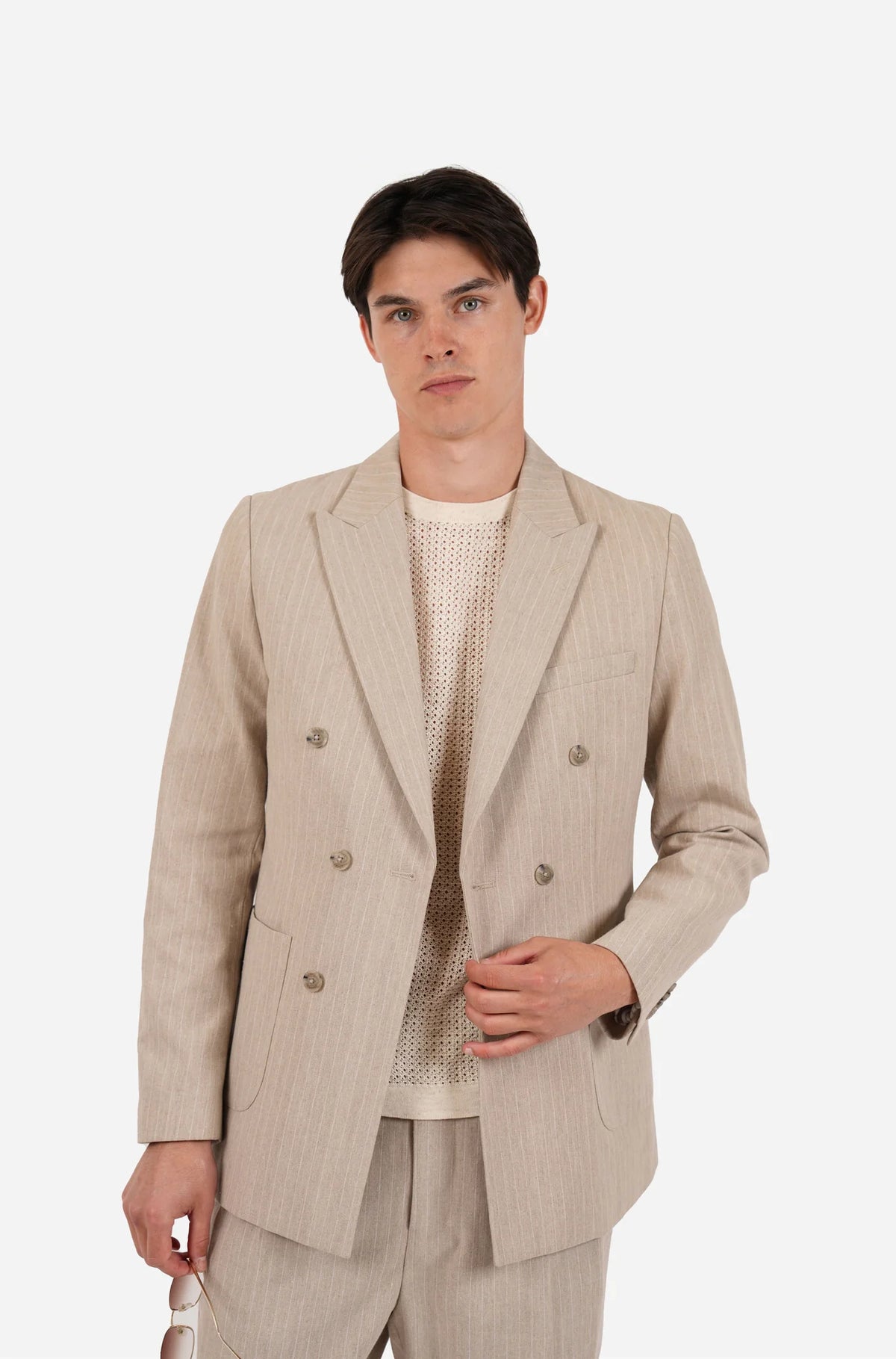 JAMES HARPER LINEN BLEND DOUBLE BREASTED PIN STRIPE BLAZER JHJ160