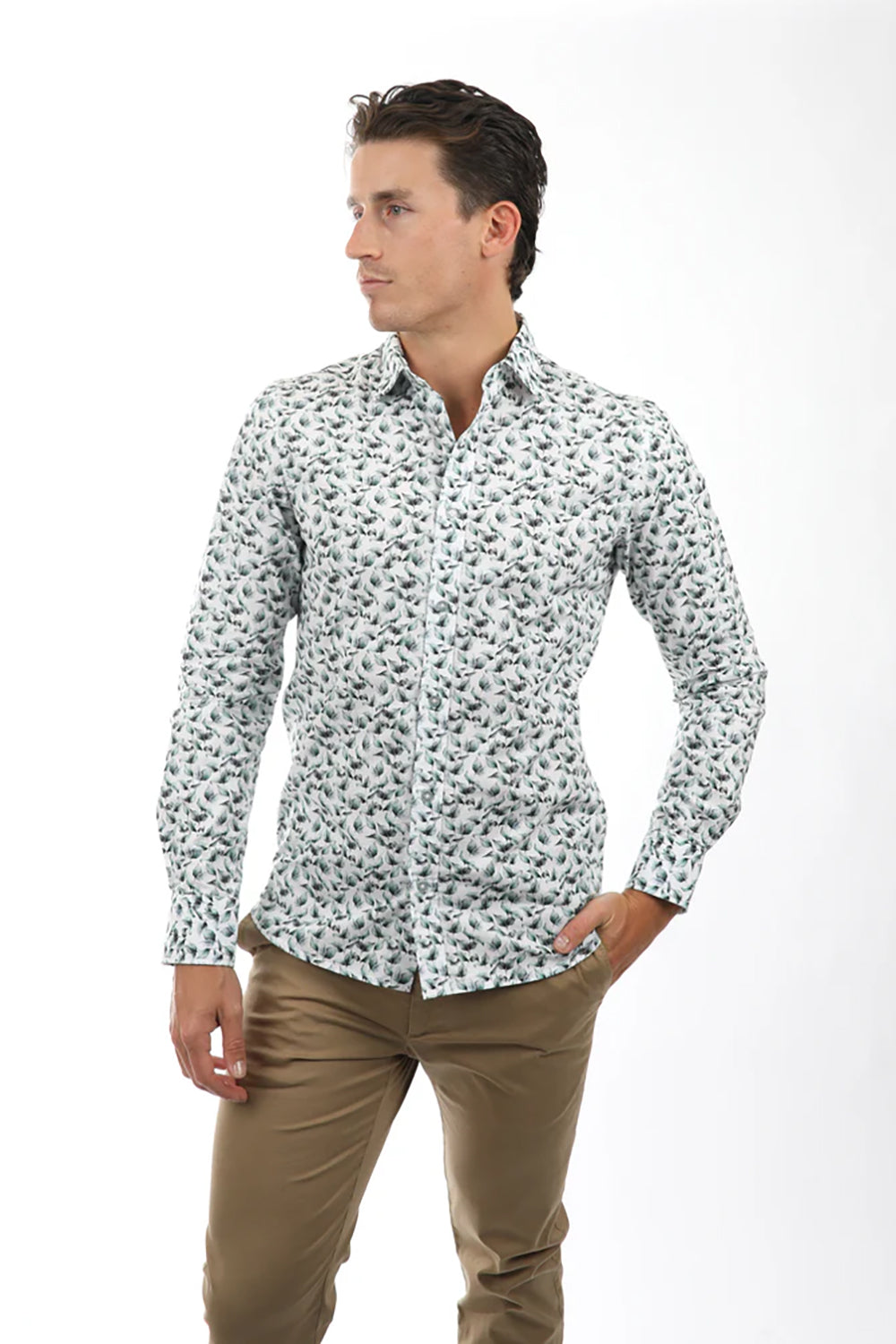 JAMES HARPER PEACHED COTTON L/S LEAVE PRINT SHIRT JHS539