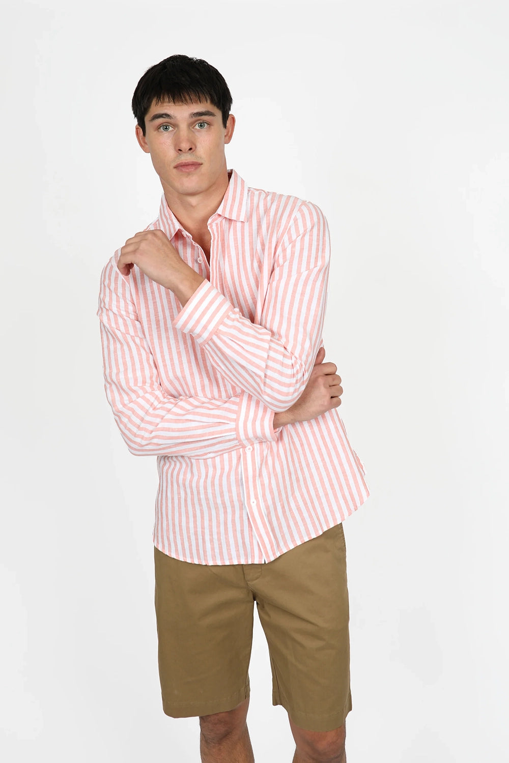 JAMES HARPER LINEN COTTON BLEND EVEN STRIPE L/S SHIRT JHS558
