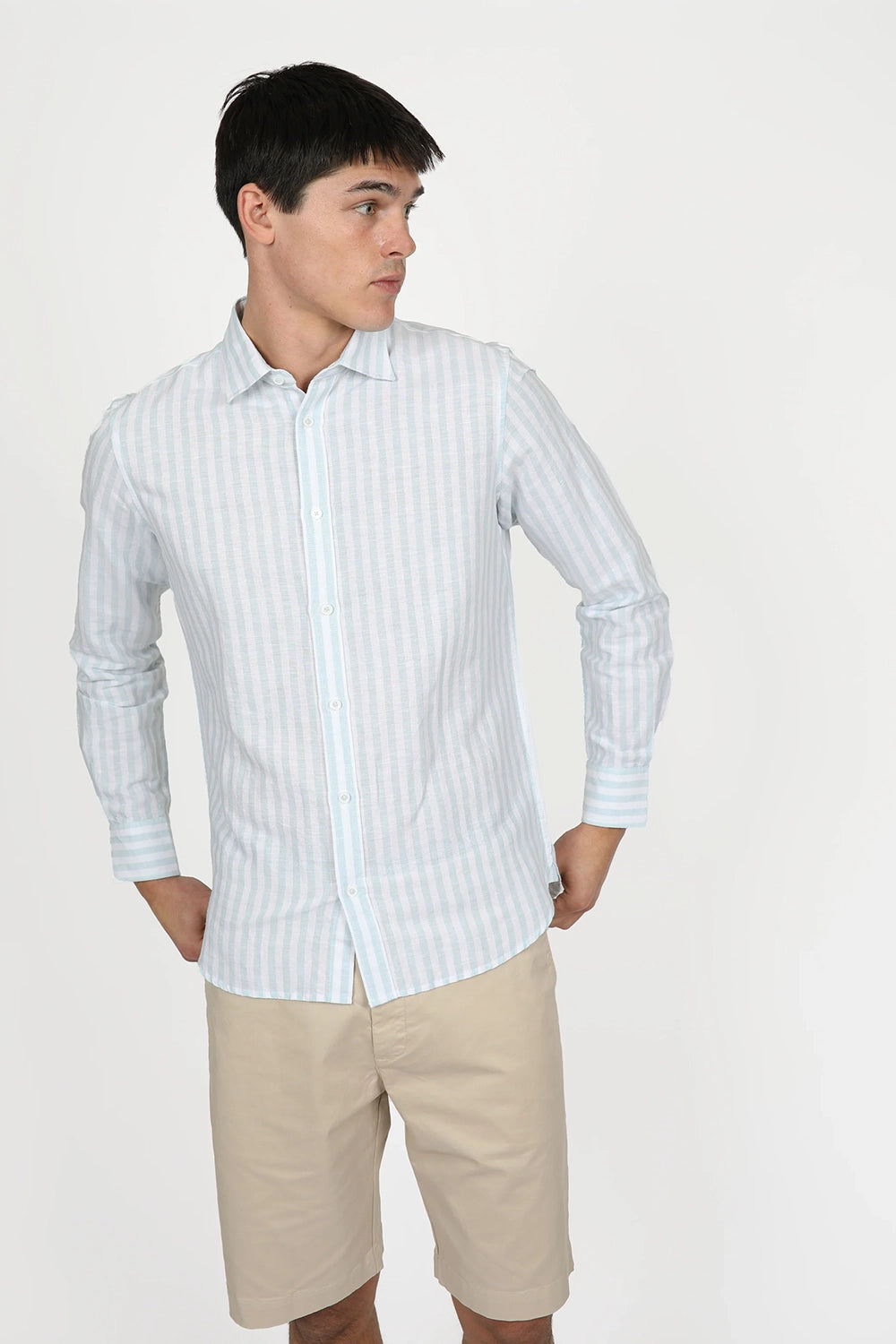 JAMES HARPER LINEN COTTON BLEND EVEN STRIPE L/S SHIRT JHS558