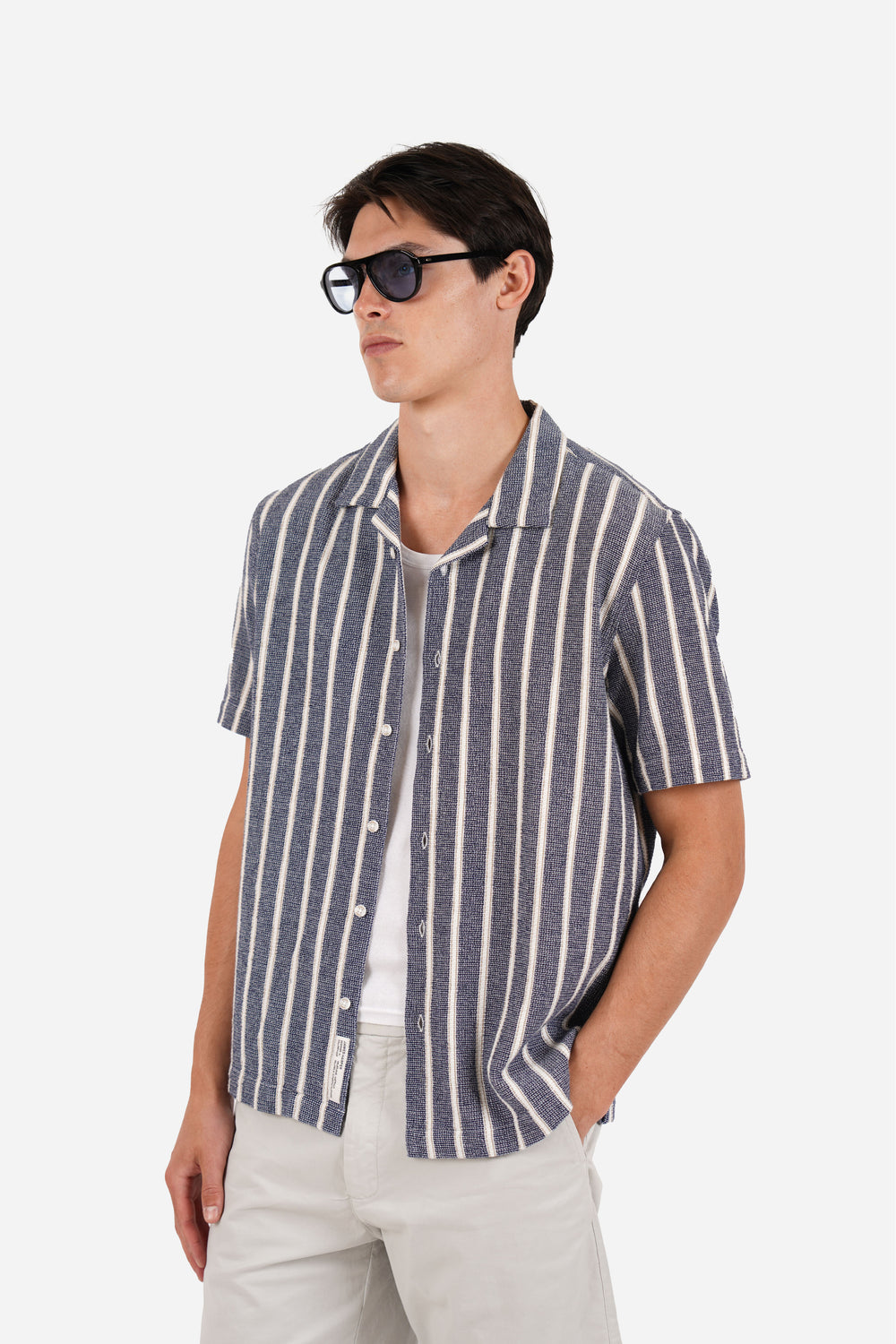 James Harper Textured Stripe Cuban Collar Short Sleeve Shirt JHS702 in navy at Hartfords Menswear