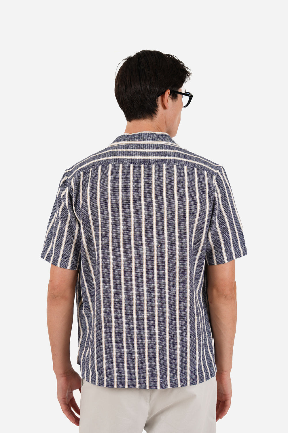 James Harper Textured Stripe Cuban Collar Short Sleeve Shirt JHS702 in navy