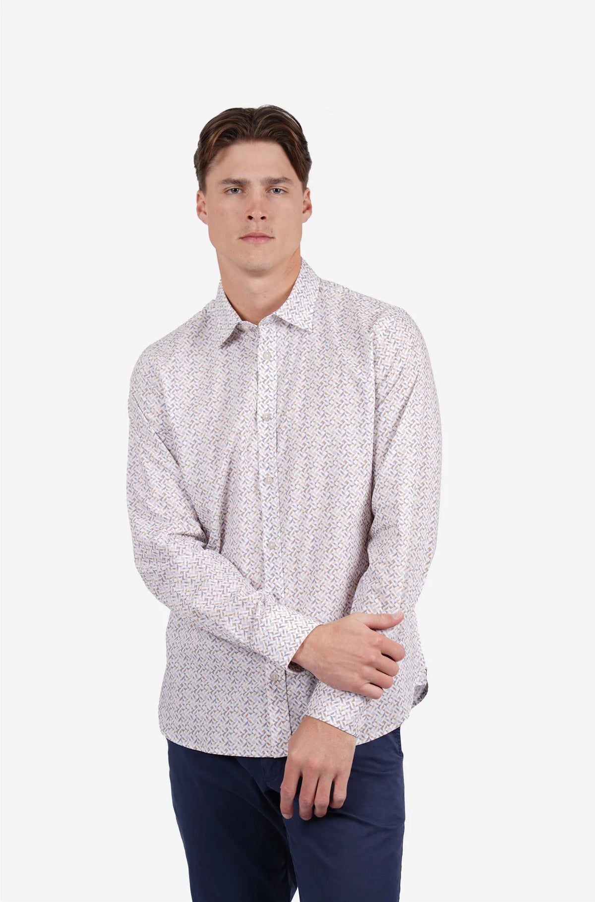 JAMES HARPER GEO PRINT PEACHED COTTON POPLIN L/S SHIRT JHS718