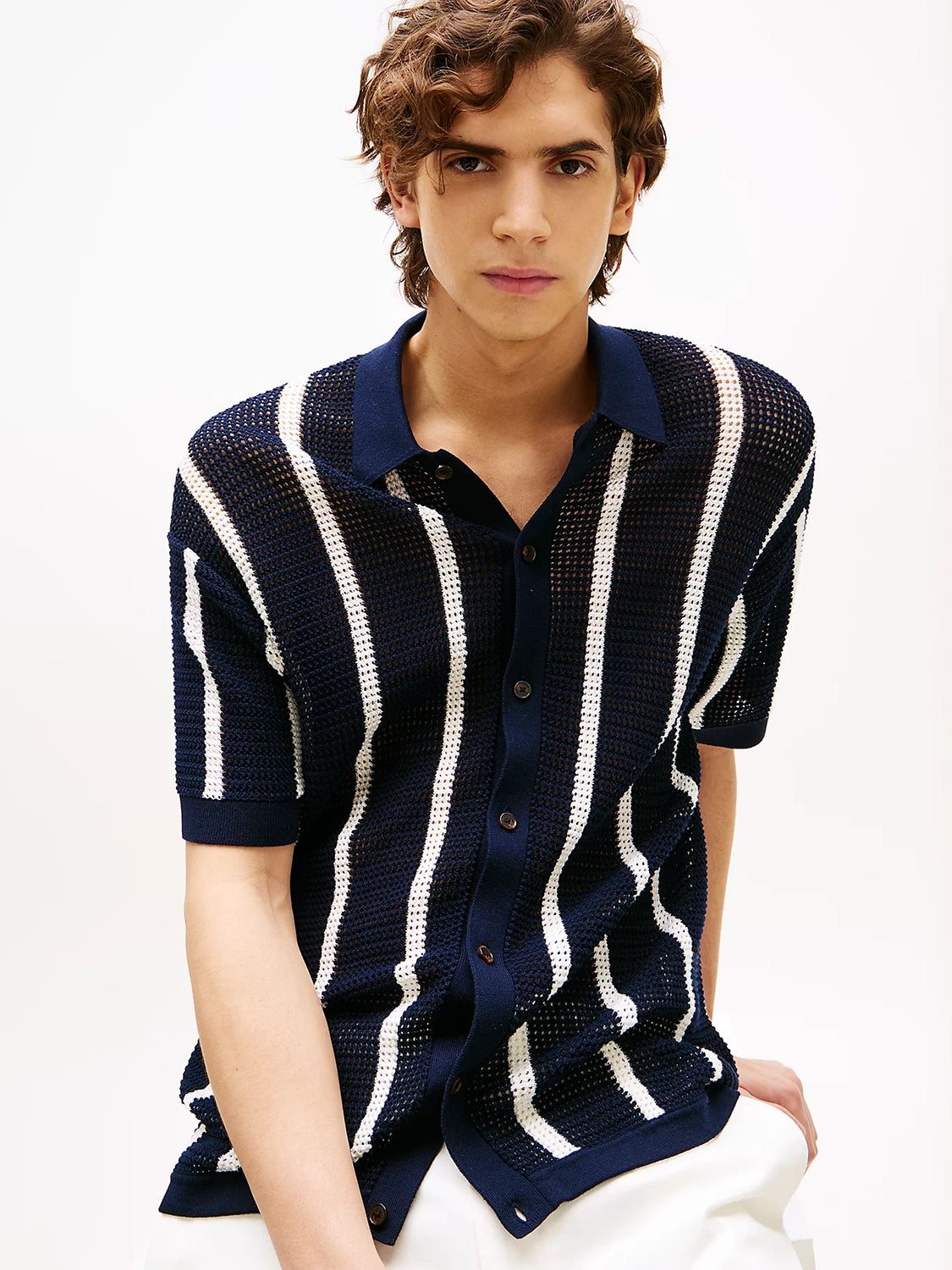 TOMMY HILFIGER VERTICAL STRIPE OPEN KNIT S/S SHIRT MW0MW41225