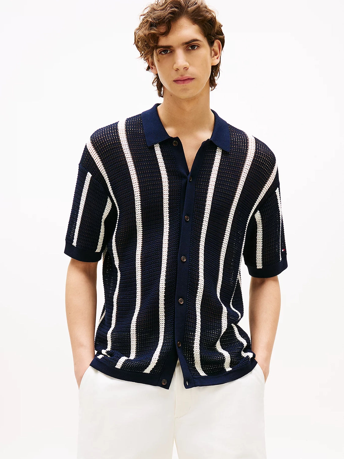 TOMMY HILFIGER VERTICAL STRIPE OPEN KNIT S/S SHIRT MW0MW41225