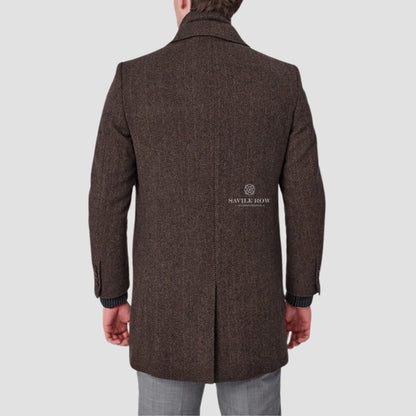 SAVILE ROW JARED PURE WOOL HERRINGBONE REMOVABLE COLLAR OVERCOAT SO03OCA