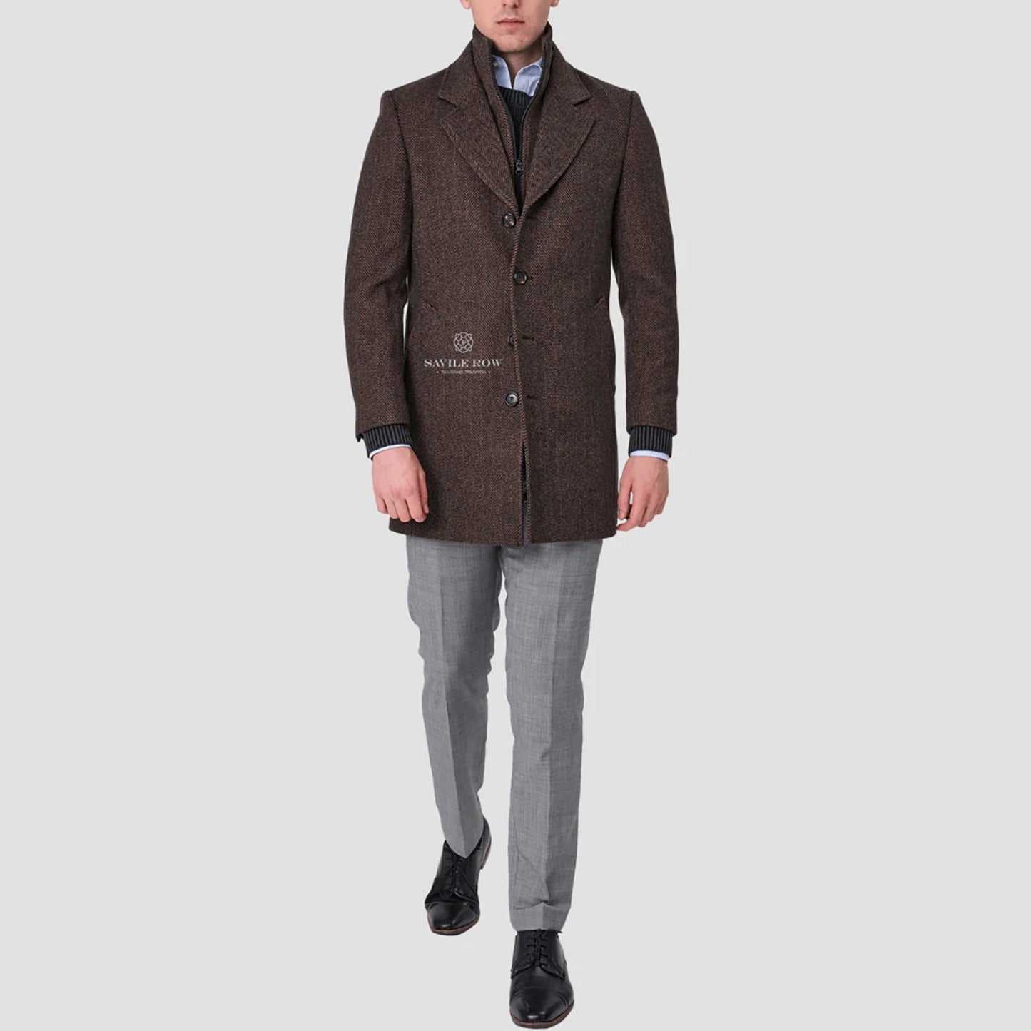 SAVILE ROW JARED PURE WOOL HERRINGBONE REMOVABLE COLLAR OVERCOAT SO03OCA