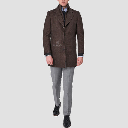 SAVILE ROW JARED PURE WOOL HERRINGBONE REMOVABLE COLLAR OVERCOAT SO03OCA