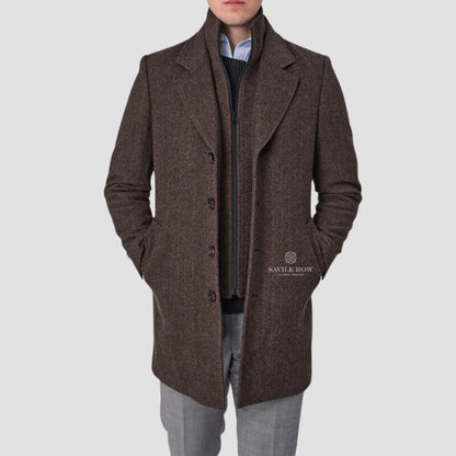 SAVILE ROW JARED PURE WOOL HERRINGBONE REMOVABLE COLLAR OVERCOAT SO03OCA