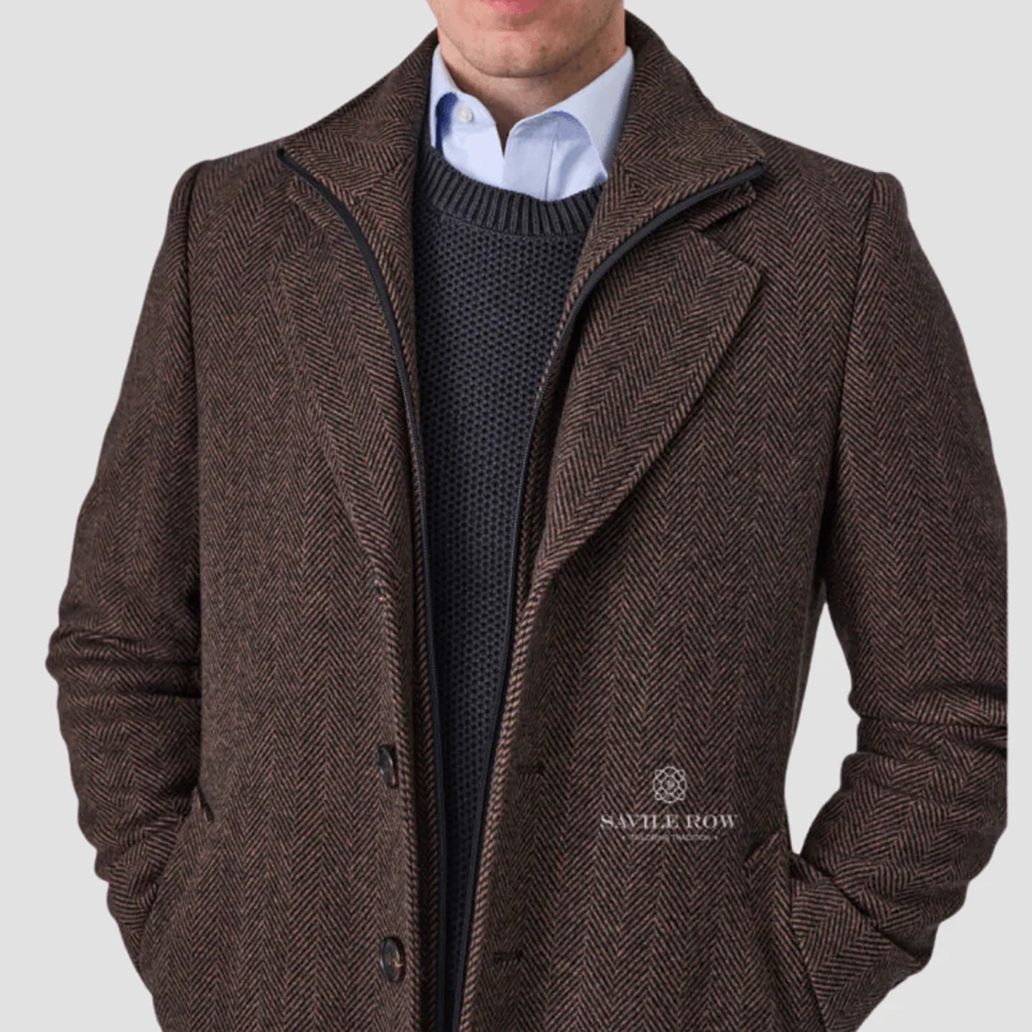 SAVILE ROW JARED PURE WOOL HERRINGBONE REMOVABLE COLLAR OVERCOAT SO03OCA