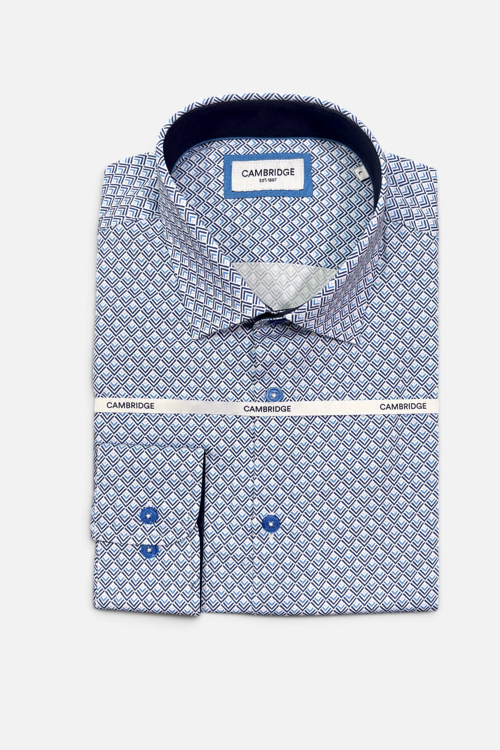 Cambridge Sorrento Geo All Over Print Long Sleeve Shirt FCW220 in blue at Hartfords Menswear