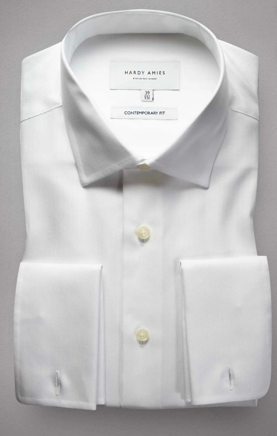 HARDY AMIES FRENCH CUFF CONTEMPORARY FIT HERRINGBONE 100% COTTON DRESS SHIRT HA001F